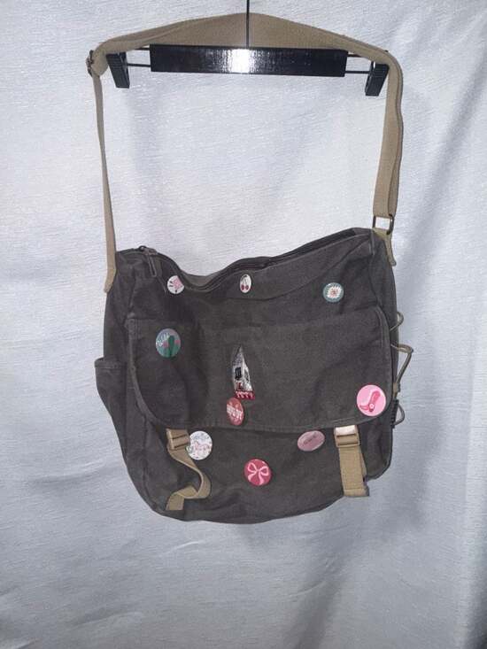Unknown Handbags - Gray Canvas Messenger Bag with Decorative Pins
